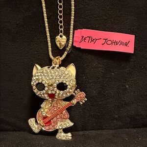 Betsey Johnson Glittering Gold Cat Necklace with Pink Guitar